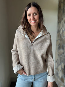 mocha mousse two-tone ribbed zip sweater