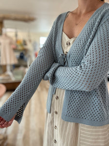 seafoam open knit tie front cardigan