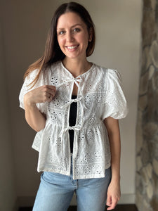 sunday stroll white eyelet front tie top