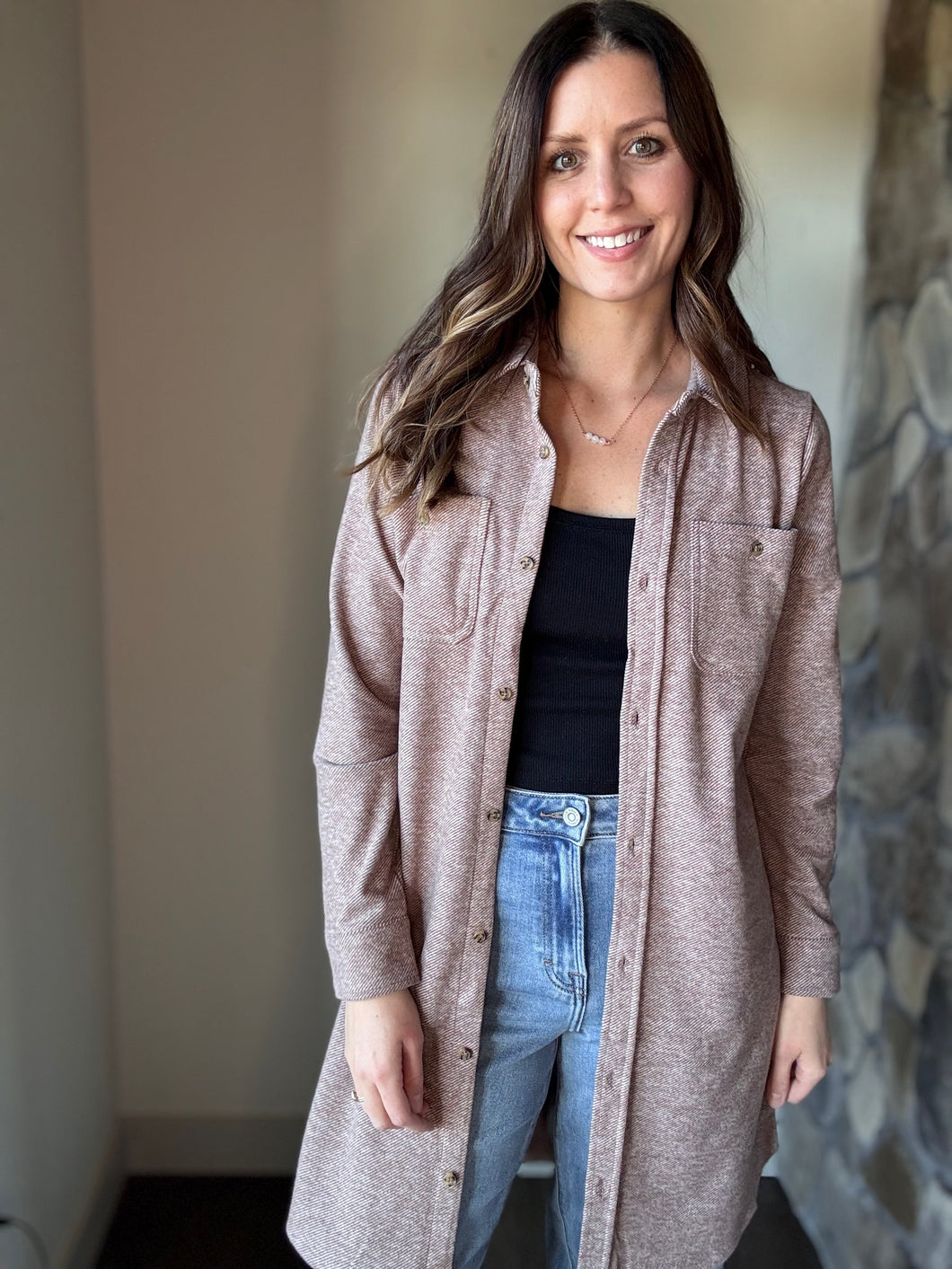 soft brown flannel button down dress and jacket