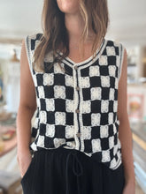Load image into Gallery viewer, black+cream checkered crochet vest