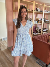 Load image into Gallery viewer, blue floral smocked babydoll dress