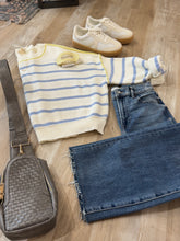 Load image into Gallery viewer, blue stripe spring sweater with yellow detailing