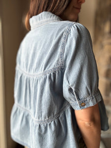 denim tiered collared top