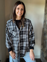 Load image into Gallery viewer, black, grey + white oversized flannel