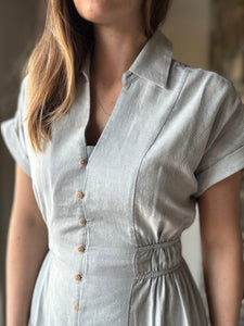 dusty blue button down collared cotton dress