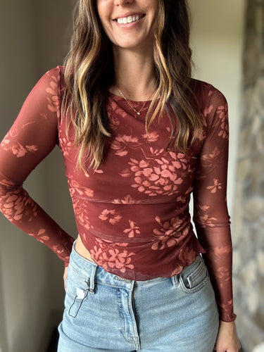 cinnamon floral mesh top