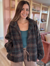 Load image into Gallery viewer, brown + green plaid sherpa jacket