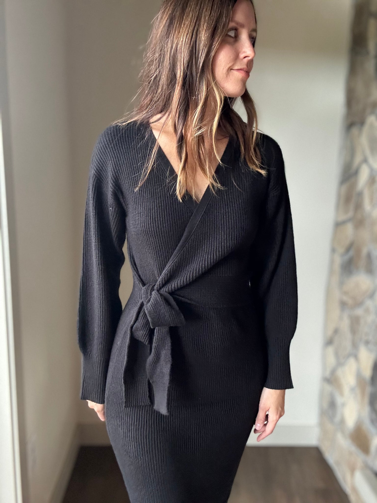 sweater wrap dress midi Sweater Midi Wrap Dress Black / XS