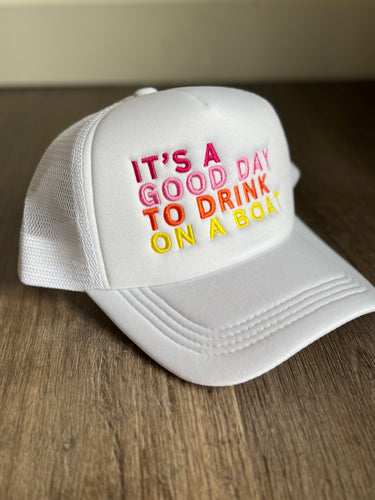drink on a boat white trucker hat
