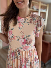 Load image into Gallery viewer, peach mesh floral fit + flare dress