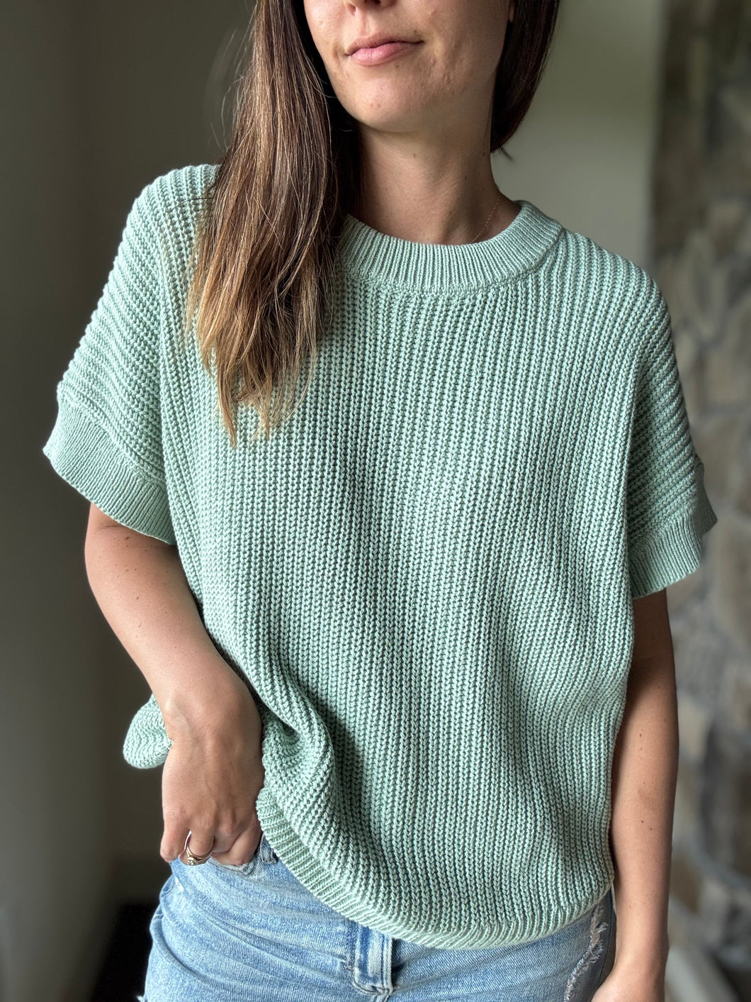 dusty mint short sleeve relaxed sweater