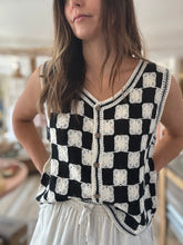 Load image into Gallery viewer, black+cream checkered crochet vest