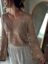 Load image into Gallery viewer, taupe v-neck crochet sweater