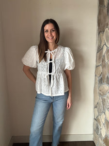 sunday stroll white eyelet front tie top