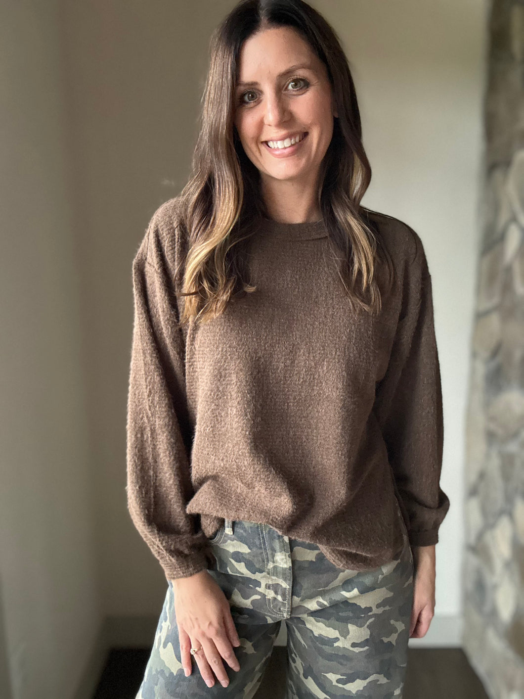 brown fuzzy long sleeve top