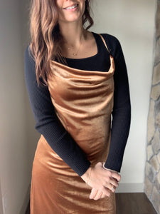 copper velvet midi slip dress