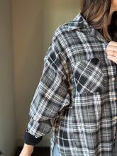 Load image into Gallery viewer, black, grey + white oversized flannel