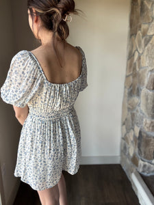 white + blue floral romper
