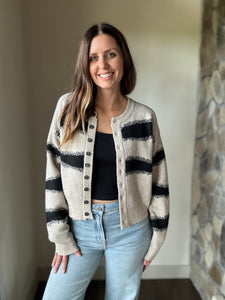 stone + black stripe button cardigan