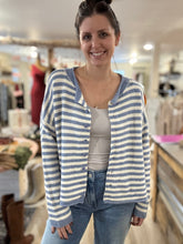 Load image into Gallery viewer, blue + ivory stripe button down cardigan