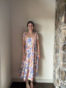 watercolor floral tie strap midi dress