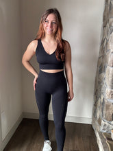 Load image into Gallery viewer, black mesh insert sports bra + leggings set