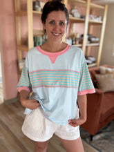 Load image into Gallery viewer, sky + coral stripe relaxed tee