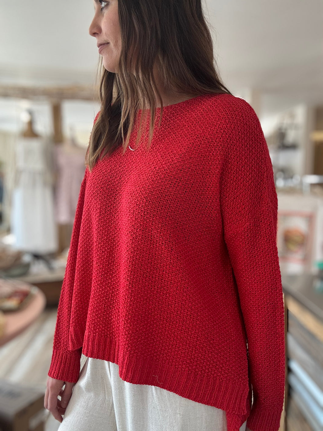 red lightweight oversized textured sweater