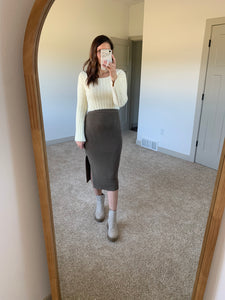 SAGE THE LABEL kalli side slit sweater midi olive skirt