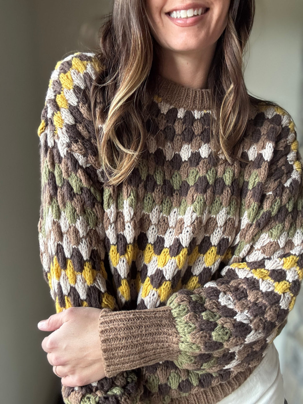 brown, cream + mustard textured sweater