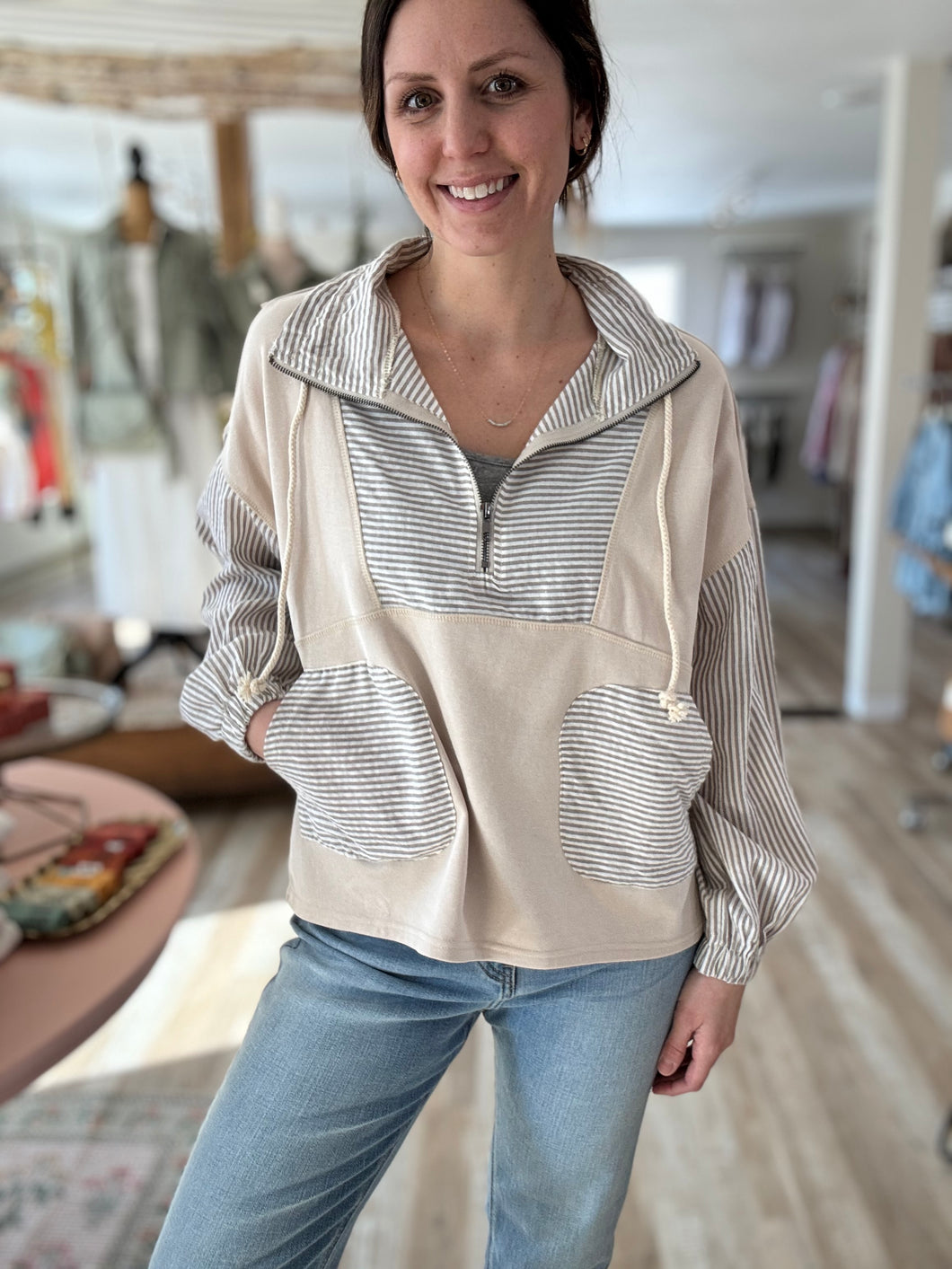 taupe stripe mix half-zip french terry sweatshirt