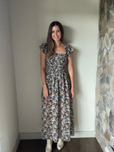 Load image into Gallery viewer, charcoal blue floral midi dress