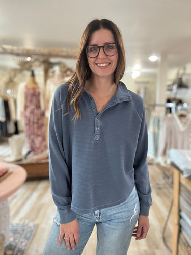 denim ribbed henley pullover