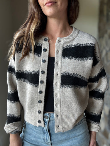 stone + black stripe button cardigan