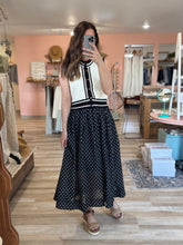 Load image into Gallery viewer, black + white polka dot midi skirt