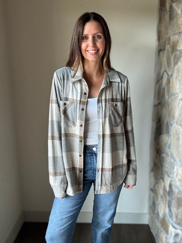 ultra soft grey + mocha plaid button down flannel