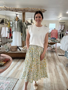 ivory green floral button midi skirt