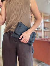 Load image into Gallery viewer, black soft leather foldover whipstitch clutch + crossbody