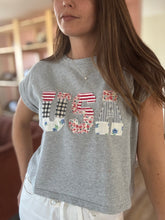 Load image into Gallery viewer, USA floral patchwork soft grey tee