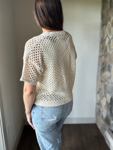 cream crochet short sleeve button cardigan