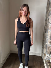 Load image into Gallery viewer, black mesh insert sports bra + leggings set