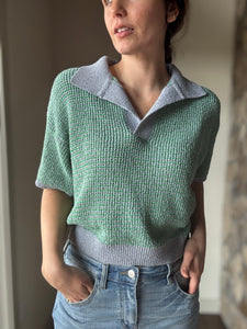 green + blue knit short sleeve collared top