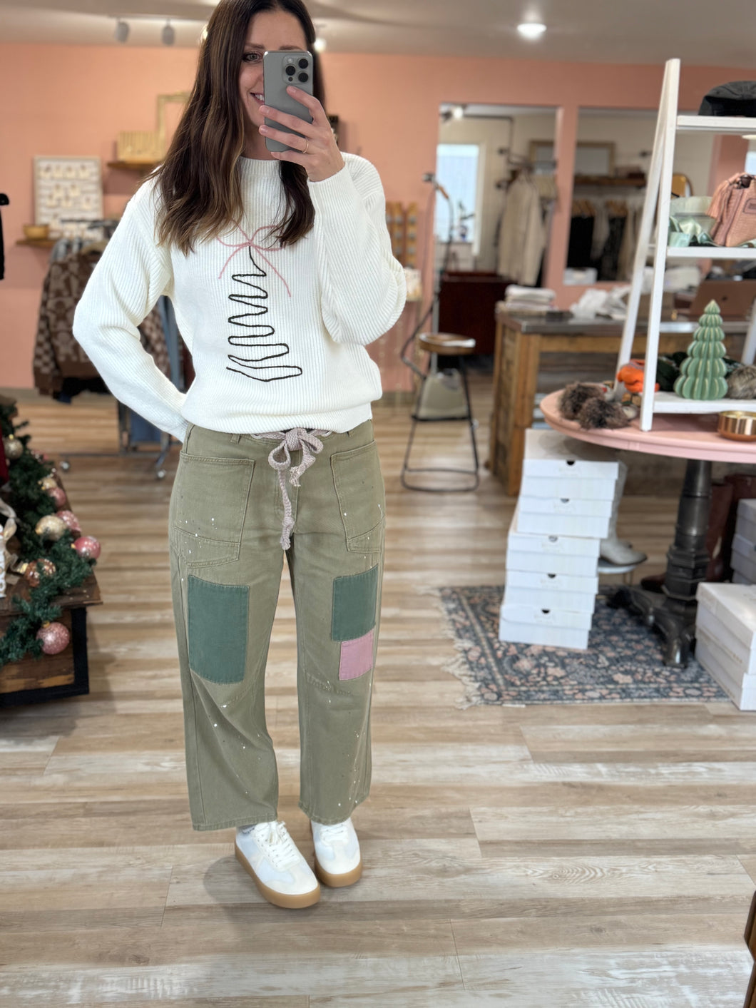 sage vintage painted rope string patched jeans