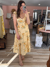 Load image into Gallery viewer, butter yellow + olive floral midi dress