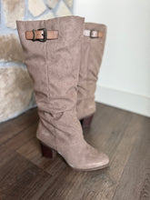 Load image into Gallery viewer, blowfish tall taupe microsuede heeled boot