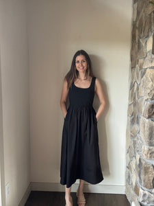 black mixed media scoop midi dress