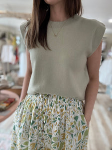 ivory green floral button midi skirt