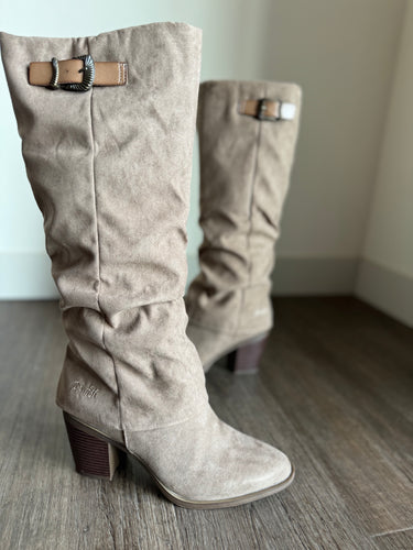 blowfish tall taupe microsuede heeled boot