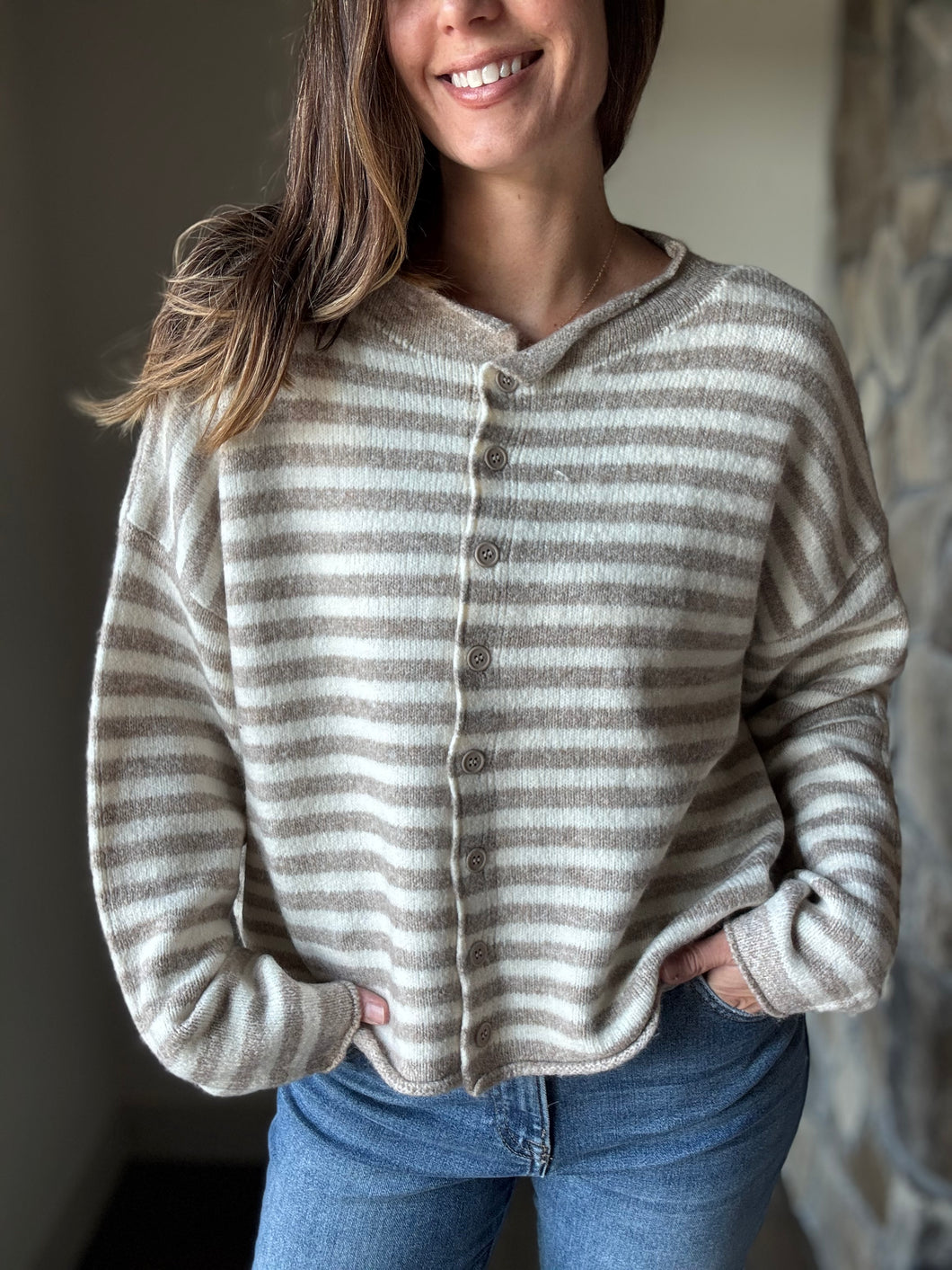 taupe + ivory stripe button down cardigan